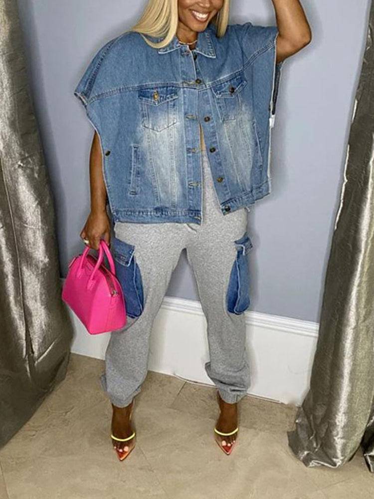 Irregular Button Denim Coat Blue / 2XL