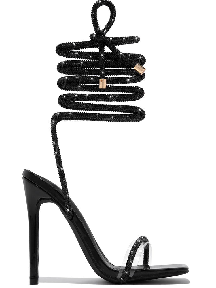Rhinestone Ankle-Wrap High Heel Sandals Silver / 7.5/8