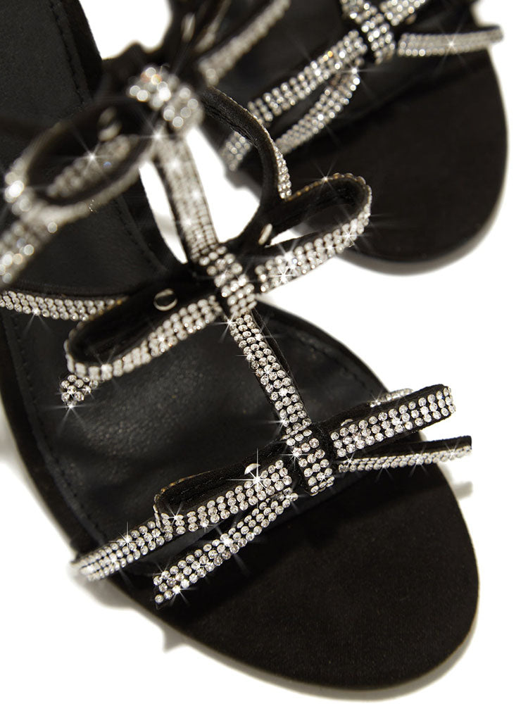 Rhinestone Bow Heeled Sandals Black / 9/9.5