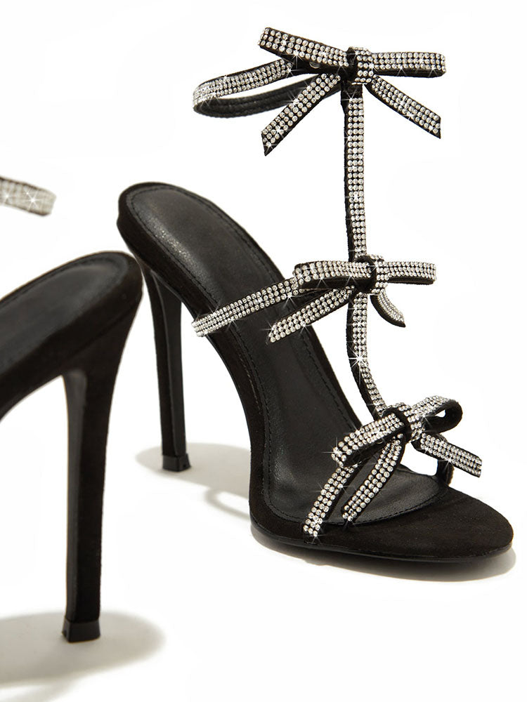 Rhinestone Bow Heeled Sandals Black / 10
