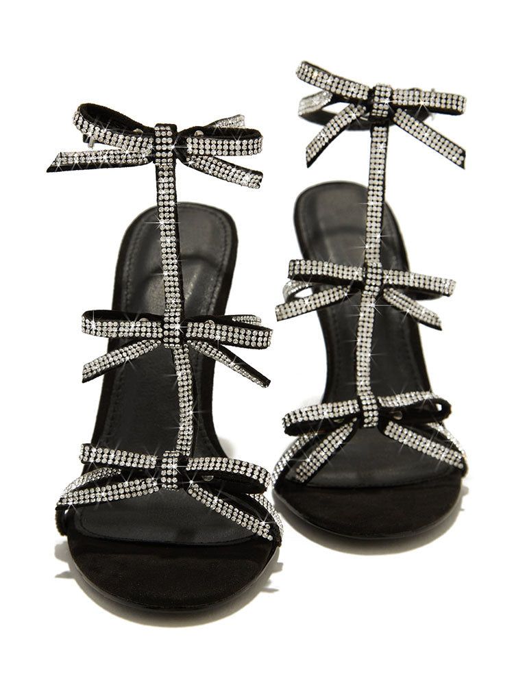 Rhinestone Bow Heeled Sandals Black / 8.5