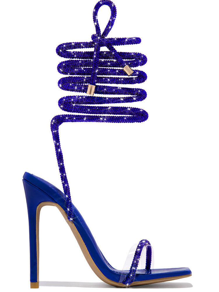 Rhinestone Ankle-Wrap High Heel Sandals Black / 7.5/8