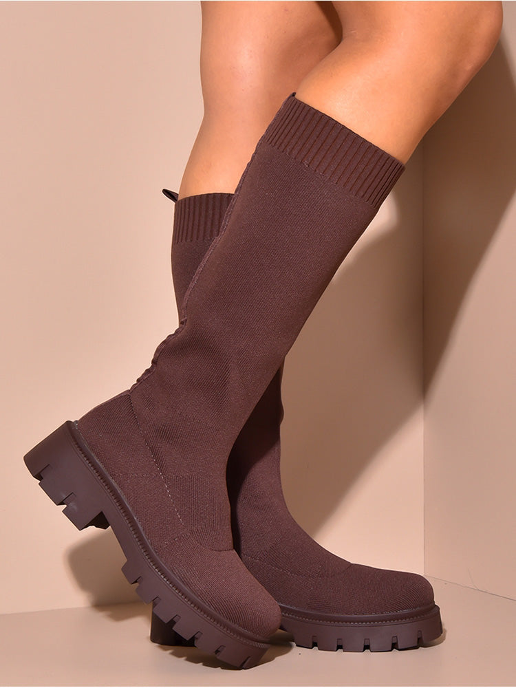 Knitted Flat Heel Sock Boots Brown / 10
