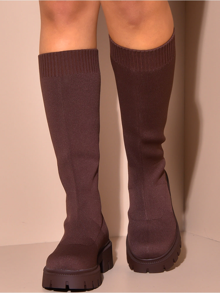 Knitted Flat Heel Sock Boots Brown / 9/9.5