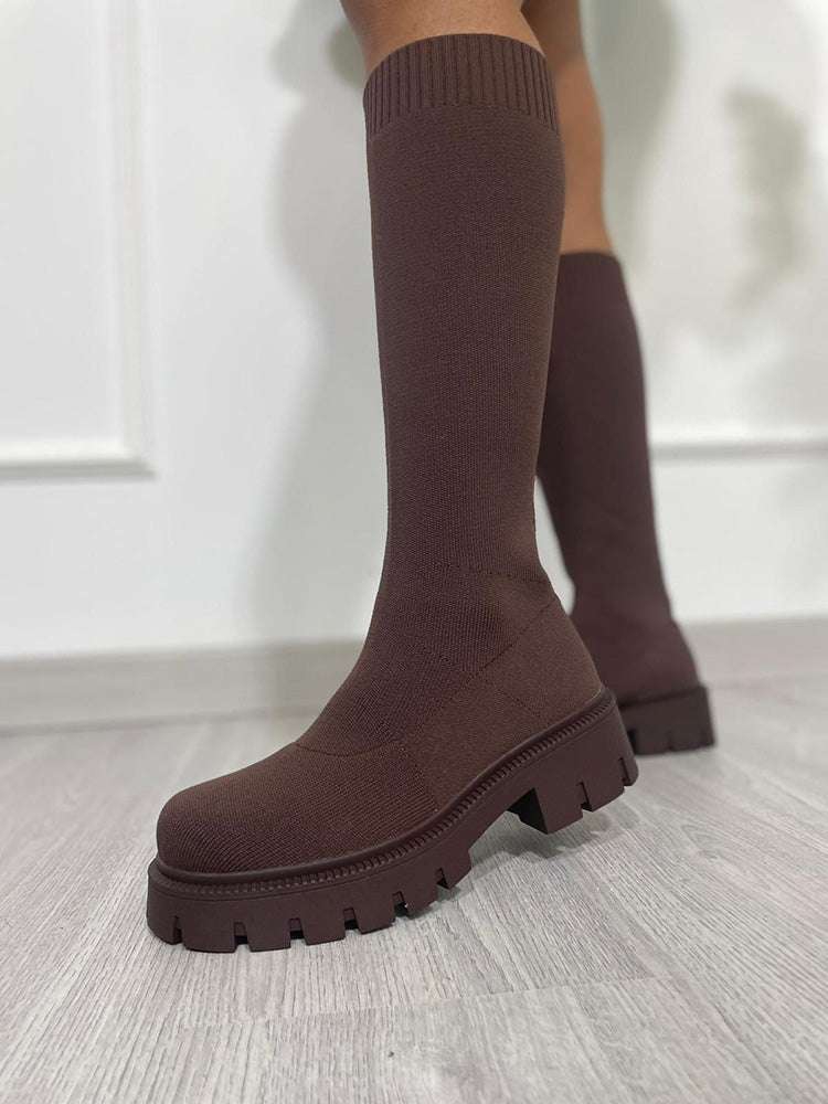 Knitted Flat Heel Sock Boots Brown / 6