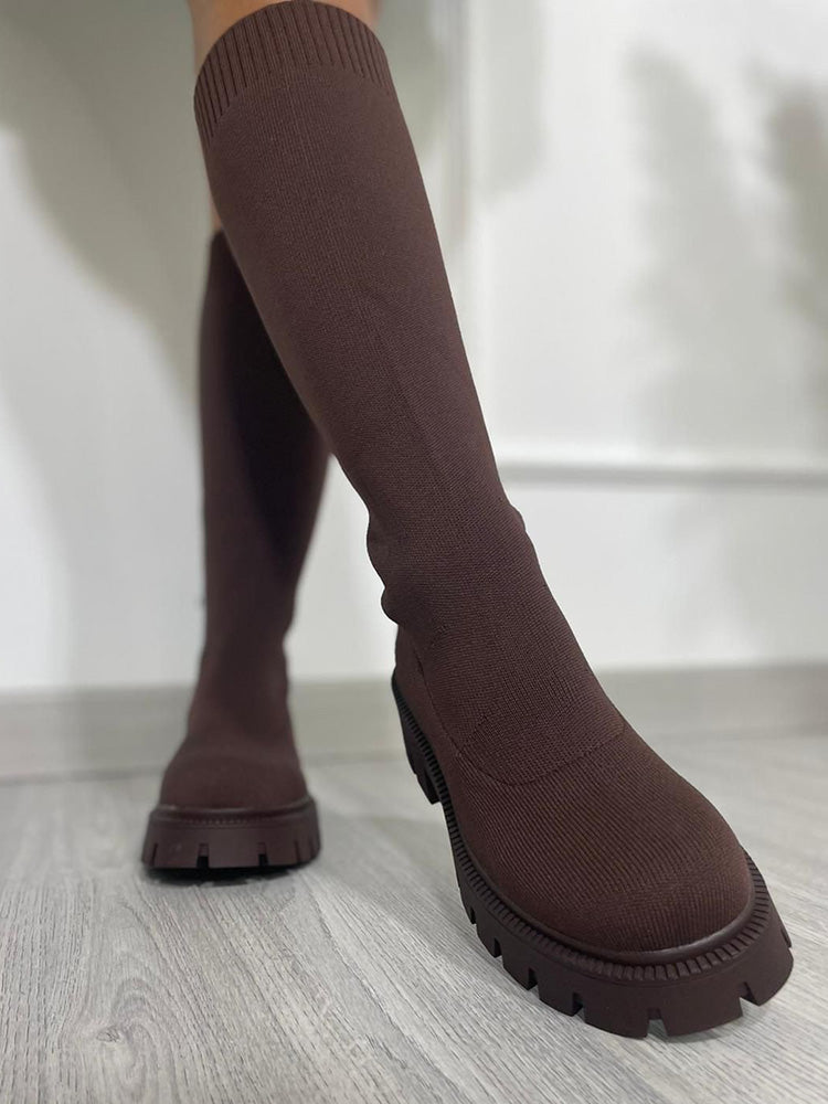 Knitted Flat Heel Sock Boots Brown / 6.5/7