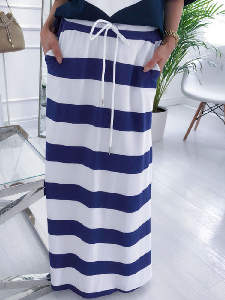 Print Off Shoulder Striped Skirt Set White / L