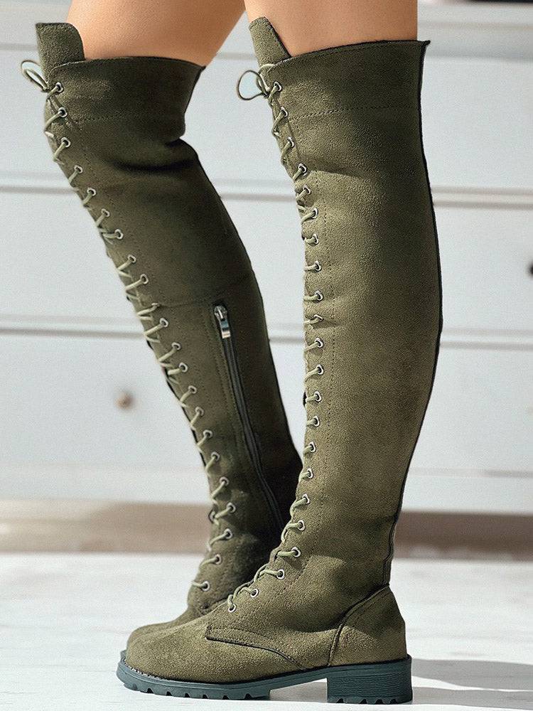 Lace Up Flat Suede Boots Army Green / 5/5.5