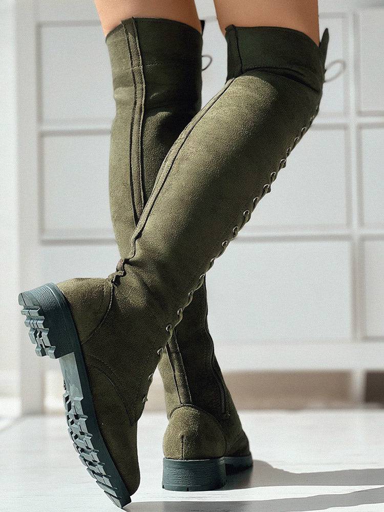 Lace Up Flat Suede Boots Army Green / 6.5/7