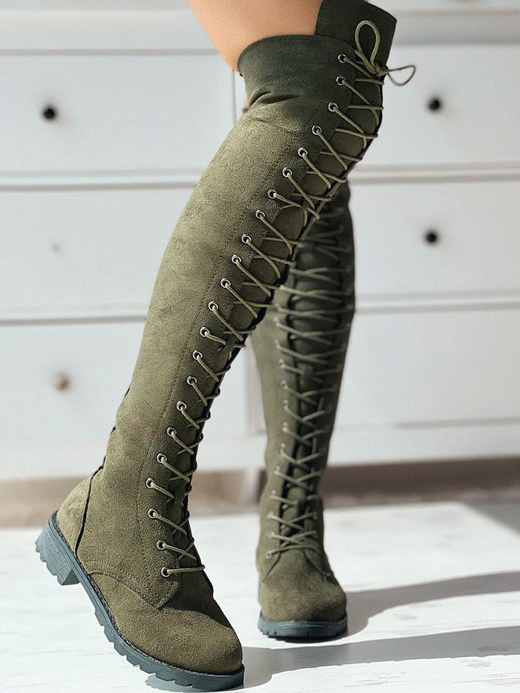 Lace Up Flat Suede Boots Army Green / 6