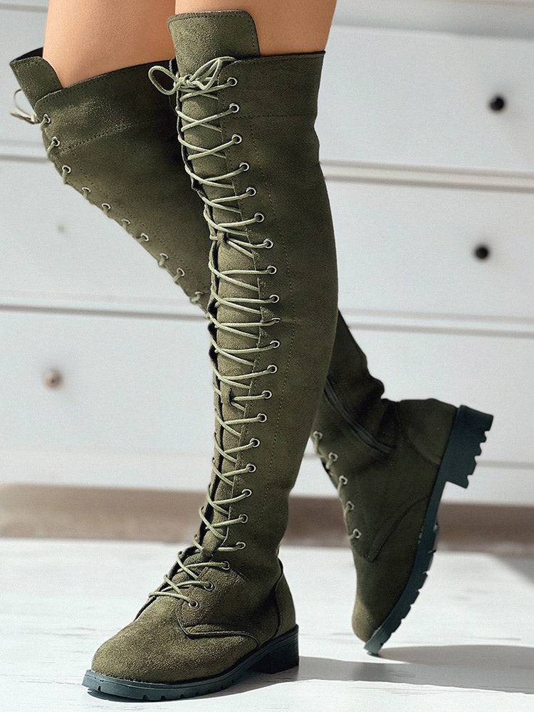 Lace Up Flat Suede Boots Army Green / 4/4.5