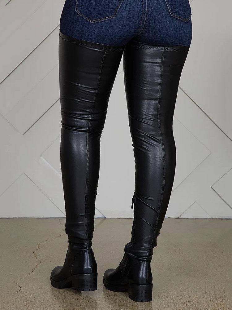 PU Leather Flat Over Knee Boots Black / 6