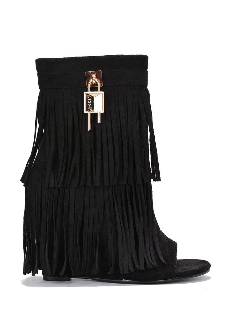 Fringe Open Toe Suede Boots Pink / 10