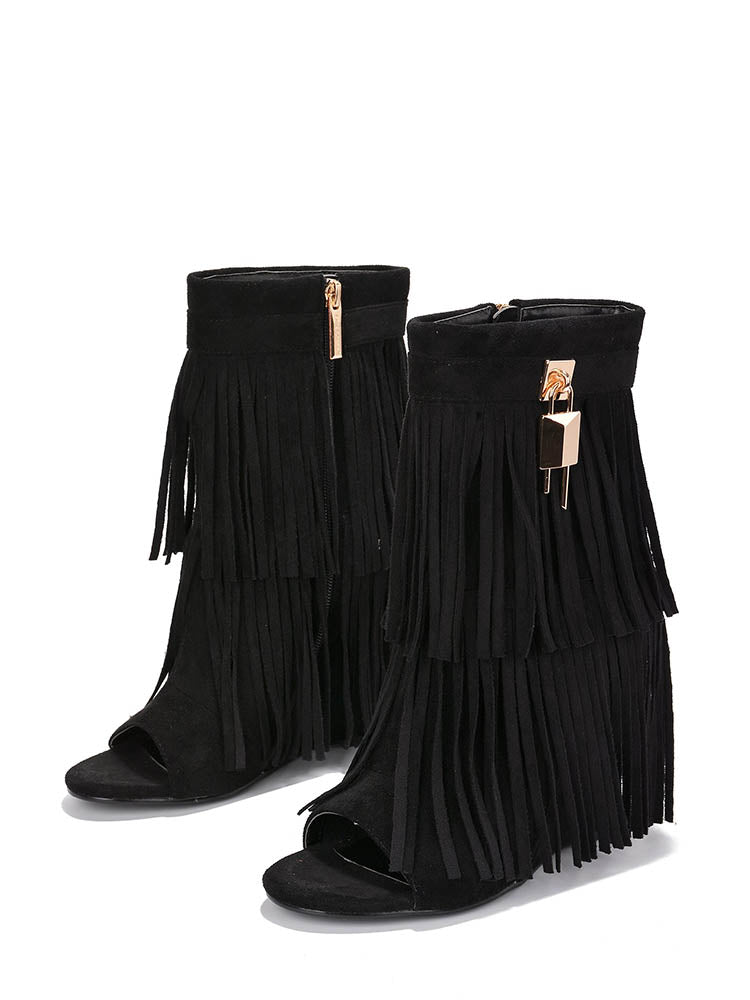 Fringe Open Toe Suede Boots Black / 5/5.5
