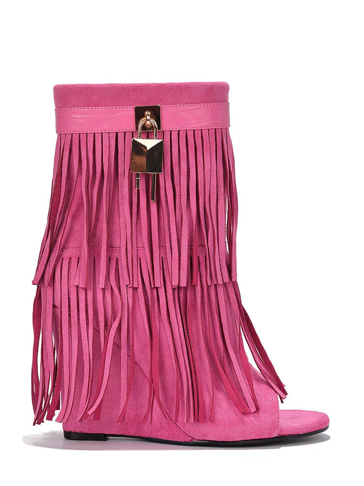 Fringe Open Toe Suede Boots Pink / 7.5/8