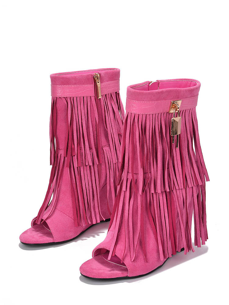 Fringe Open Toe Suede Boots Pink / 6.5/7