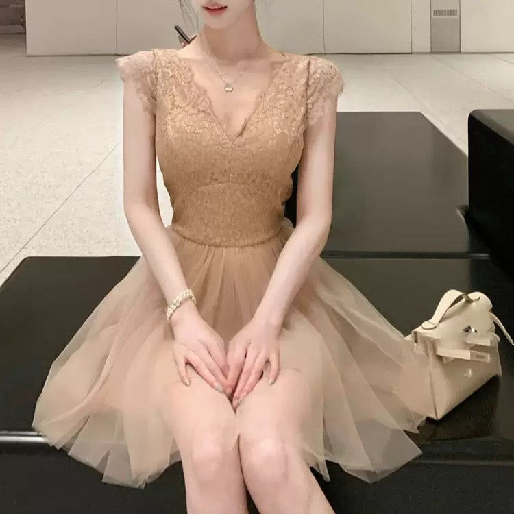 Lace Splicing Mesh Sleeveless Dresses