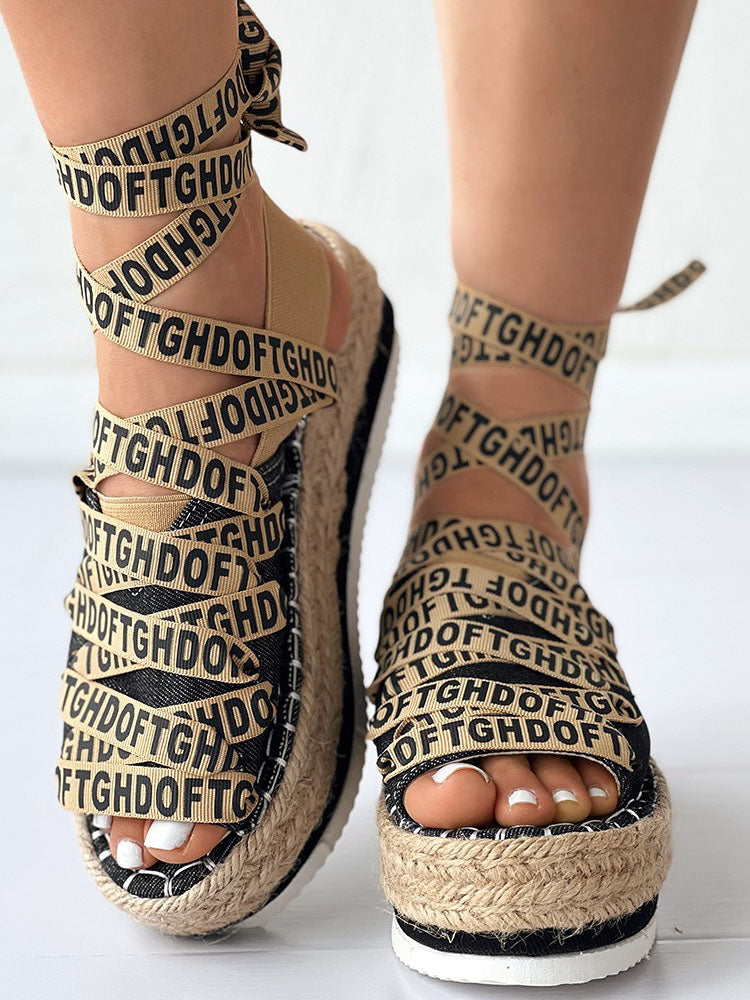 Letter Strappy Platform Sandals Black / 5/5.5