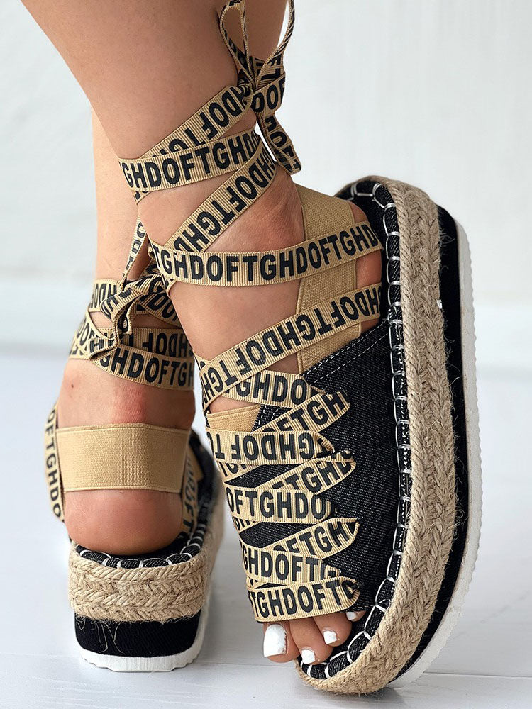 Letter Strappy Platform Sandals Black / 6
