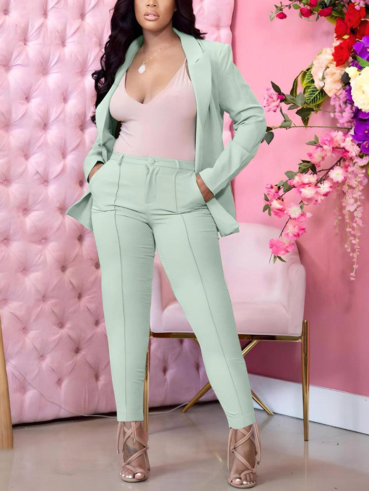 Open Front Blazer Pants Set Light Green / L