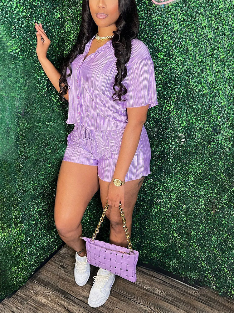 Plisse Shirt Shorts Set Purple / S