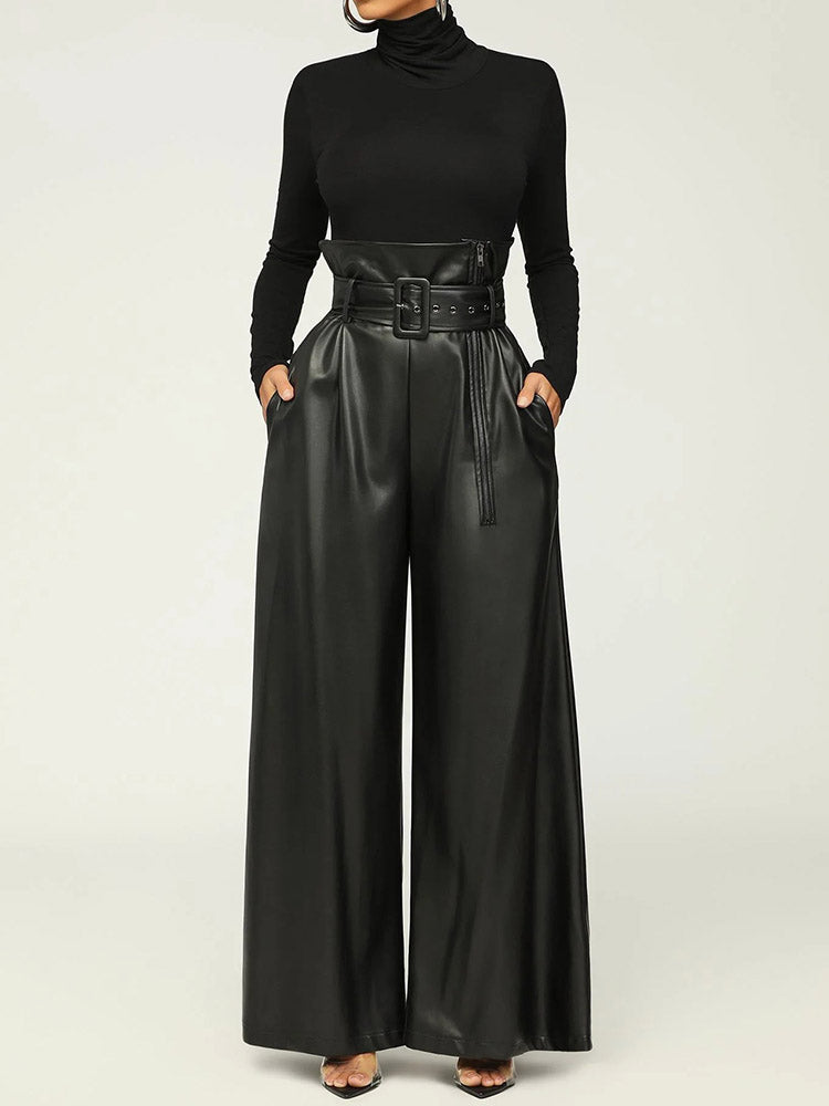 High Waist PU Leather Pants Brown / 2XL