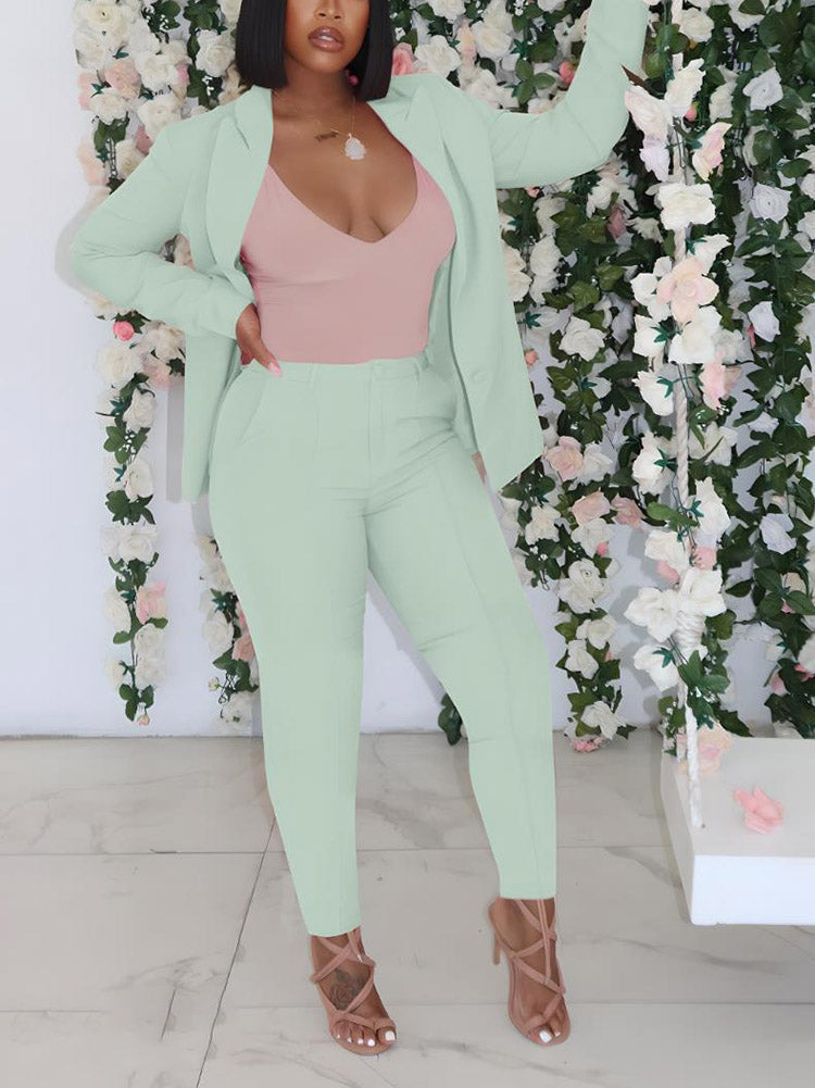 Open Front Blazer Pants Set Light Blue / S