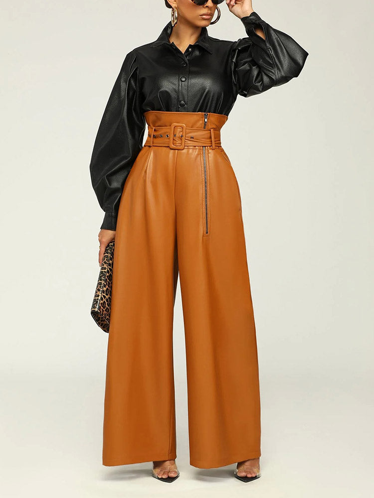 High Waist PU Leather Pants Brown / M