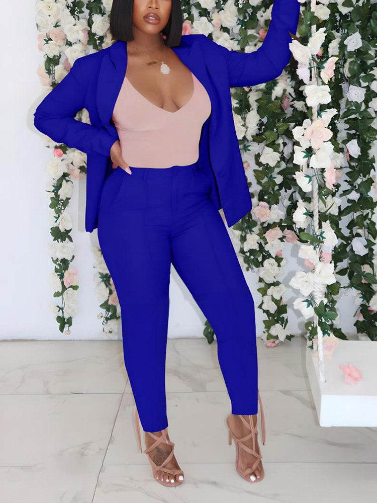 Open Front Blazer Pants Set Light Blue / L