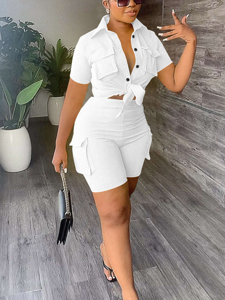 Front Tie Shirt Pocket Shorts Set White / S