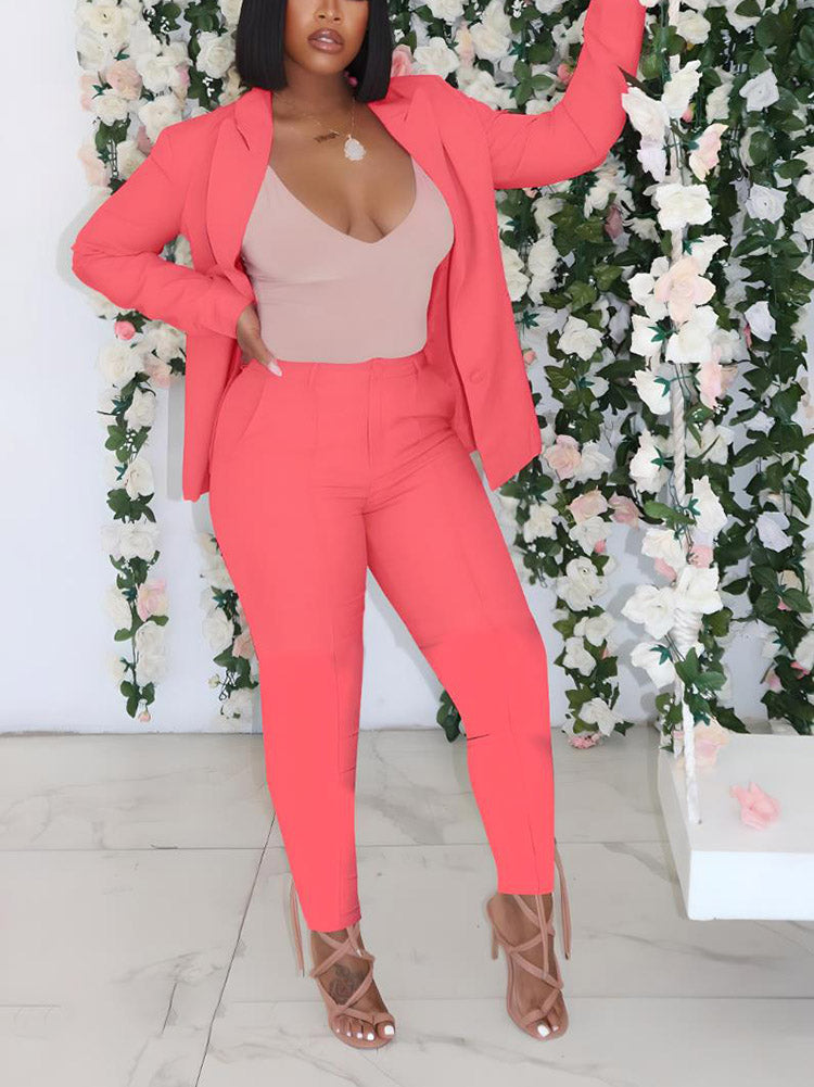 Open Front Blazer Pants Set Peach / M