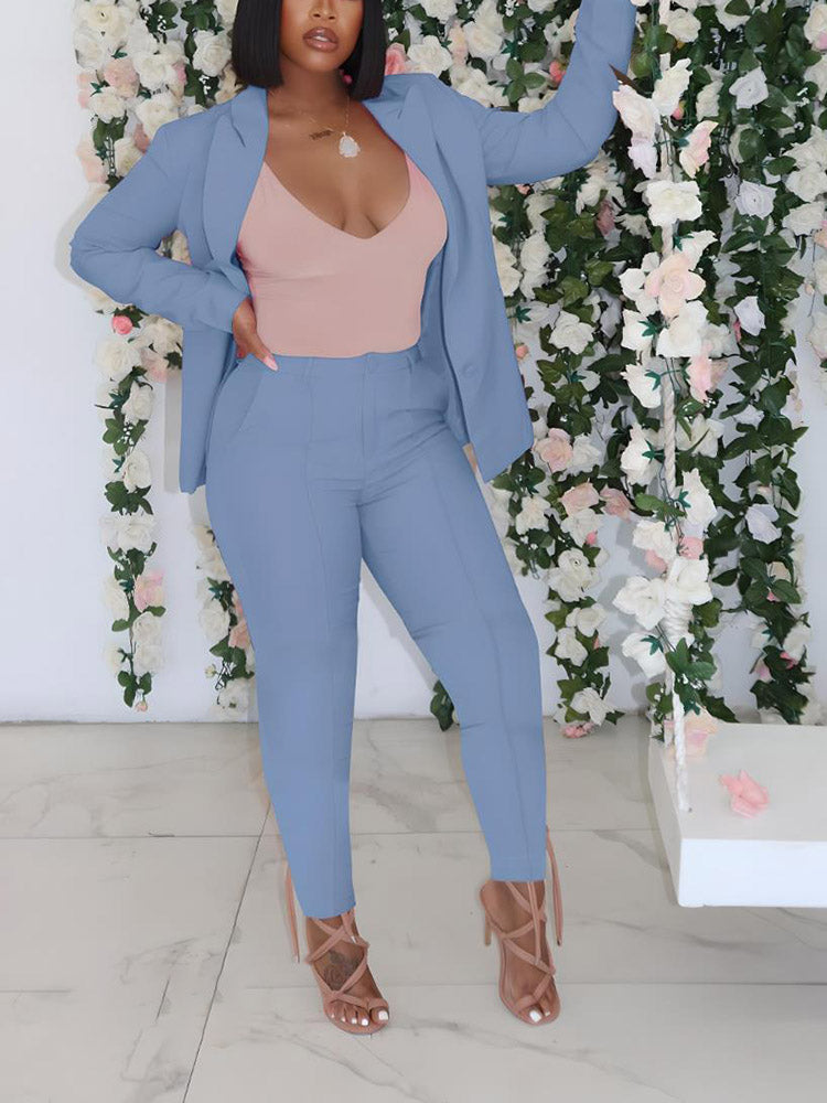 Open Front Blazer Pants Set Peach / XL