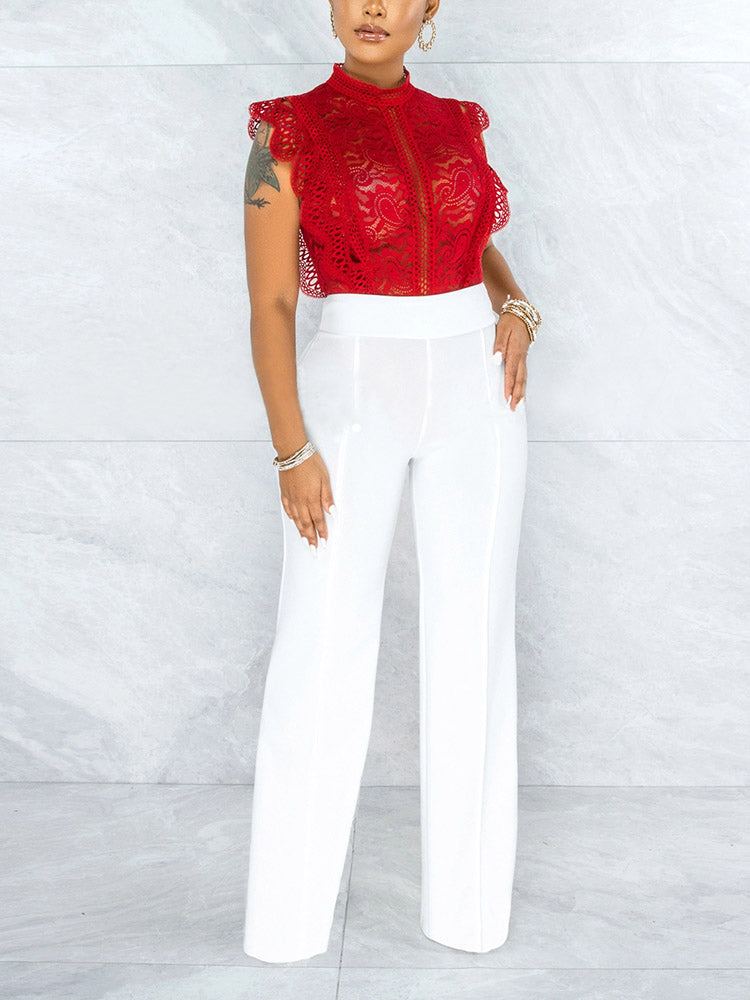 Solid High Waist Pants Red / L