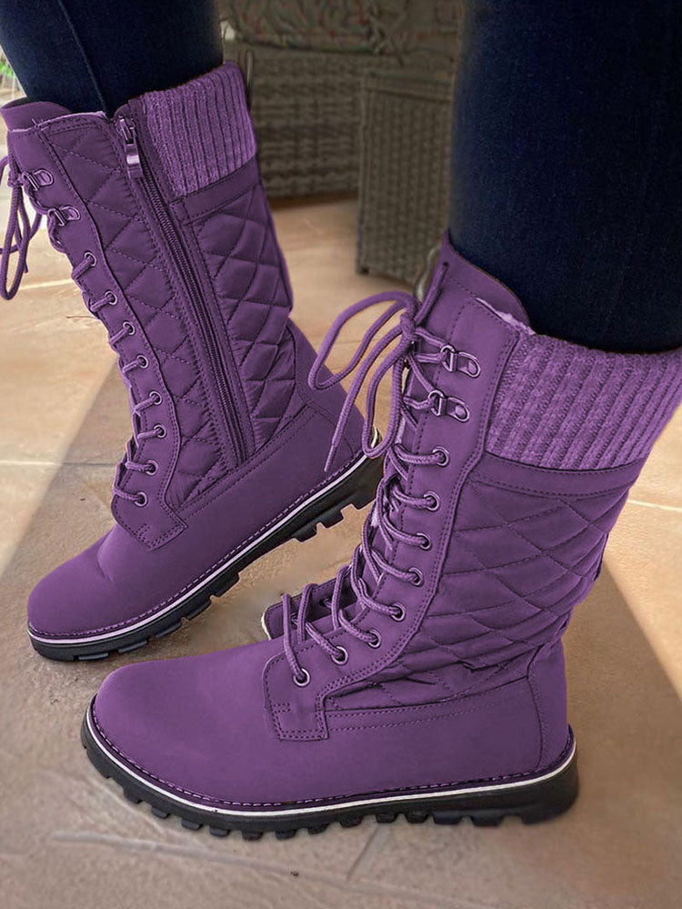 Zipper Design Lace Up Boots Khaki / 6.5/7