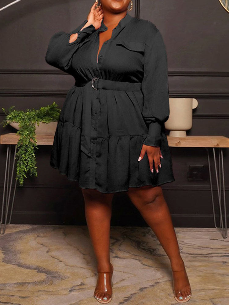 Ruffle Hem Belted Dress Blue / 3XL