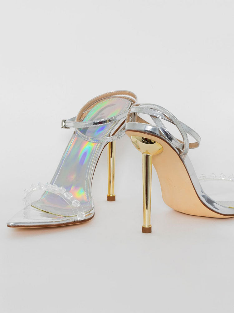 Metallic Clear Gem Stiletto Heels Silver / 6