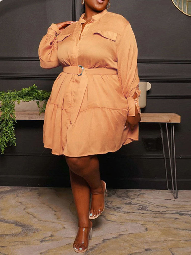 Ruffle Hem Belted Dress Orange / 2XL