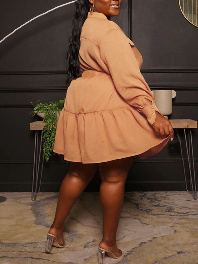 Ruffle Hem Belted Dress Orange / 3XL