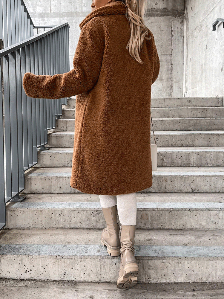 Solid Lapel Teddy Fur Long Coat Khaki / XL