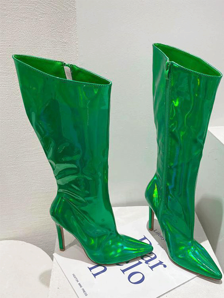 Leather Stiletto Heeled Shiny Boots Blue / 8.5
