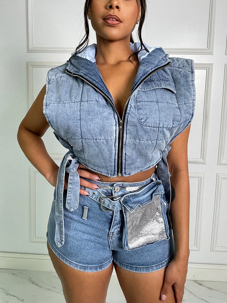 Denim Hooded Puffer Vest Light Blue / XL