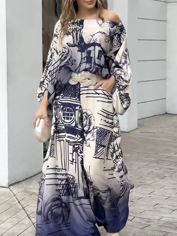 Printed Loose Puff Sleeves Off-the-shoulder Two-Piece Sets Pants Blouses BLUE / XL