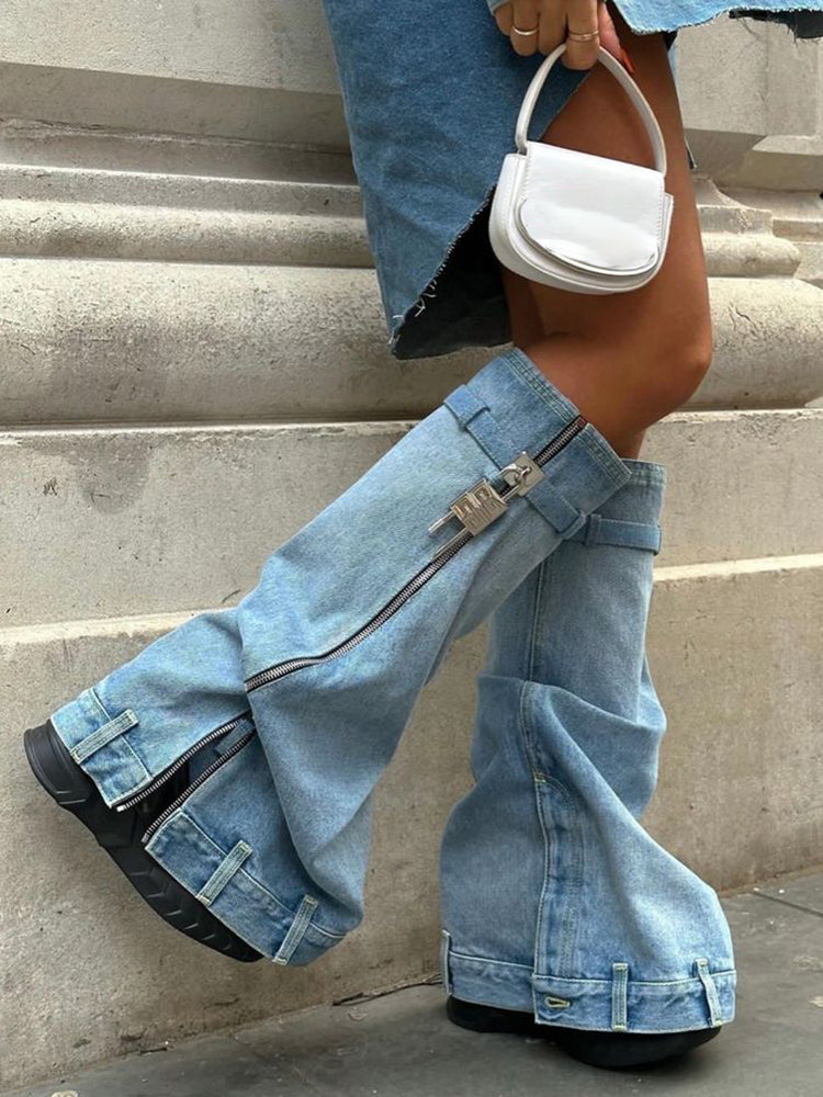Handcrafted Denim Wedge Heel Boots Light Blue / 6
