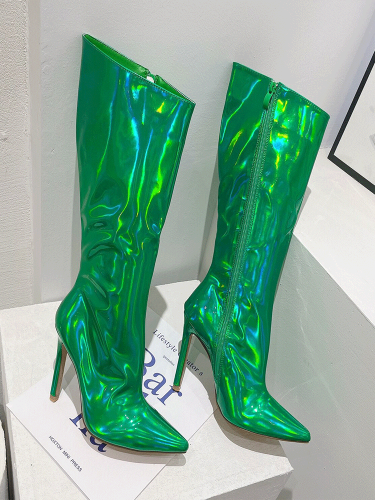 Leather Stiletto Heeled Shiny Boots Blue / 7.5/8