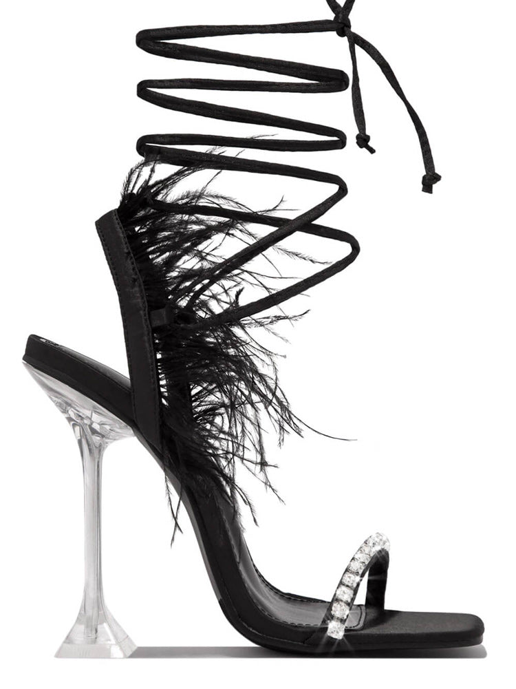 Rhinestone Feather Square Toe Sandals Black / 6