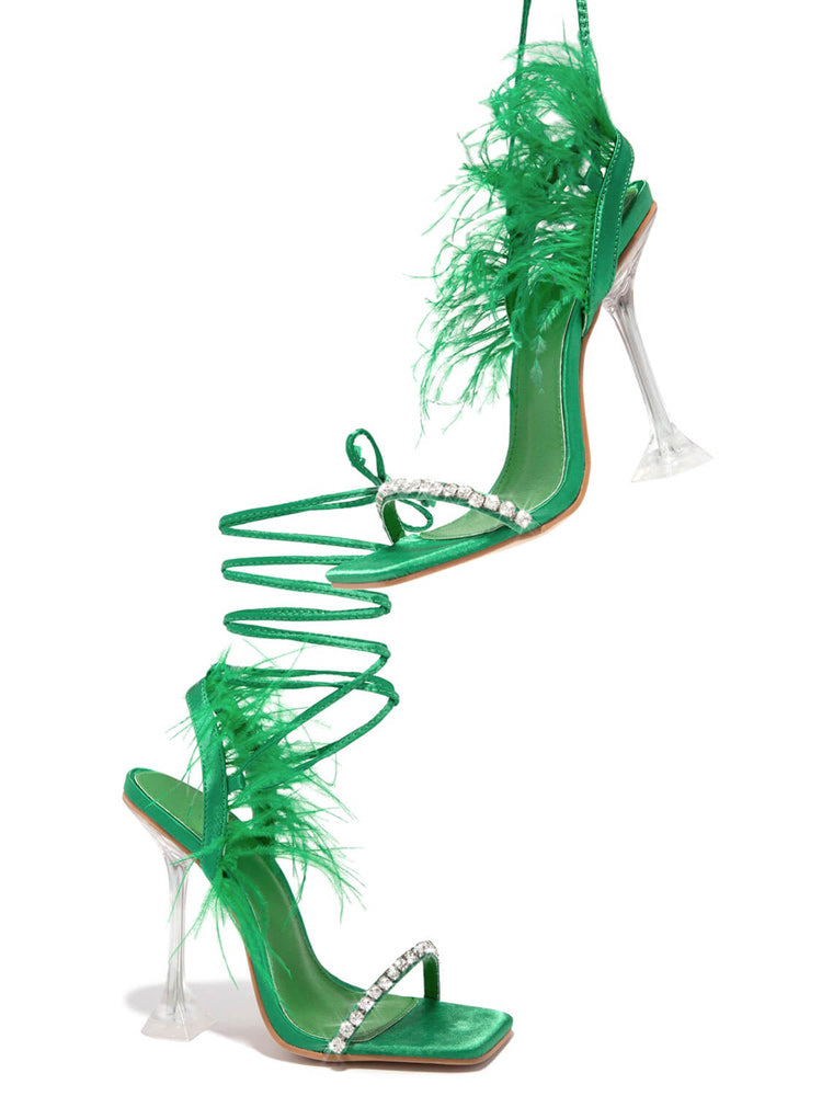 Rhinestone Feather Square Toe Sandals Blue / 6.5/7