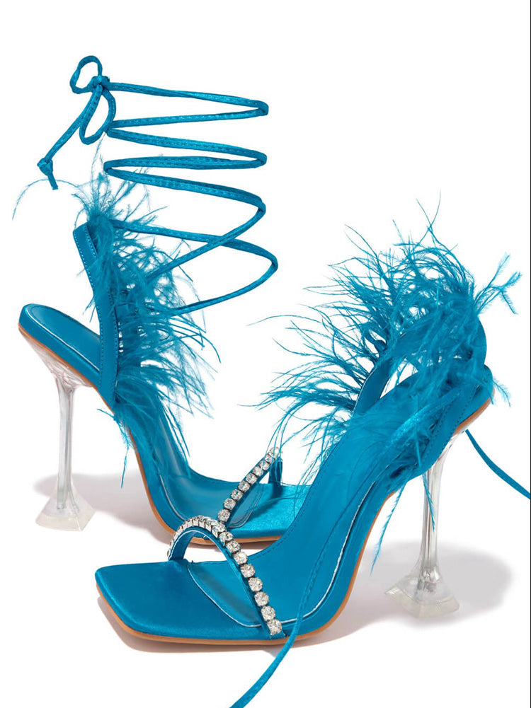 Rhinestone Feather Square Toe Sandals Black / 8.5