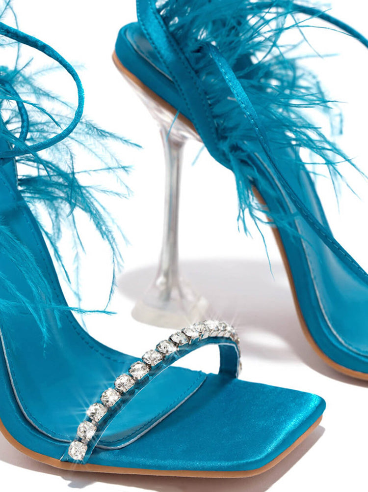 Rhinestone Feather Square Toe Sandals Black / 9/9.5