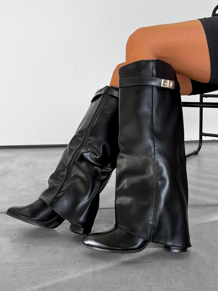 Fold Chunky Heel Knee High Boots Black Leather / 6