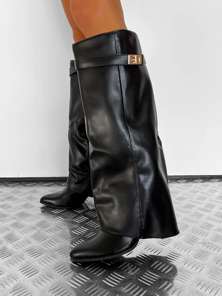 Fold Chunky Heel Knee High Boots Black Leather / 6.5/7